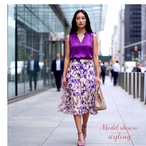 Jones New York Collection Floral Pleated Midi Skirt Womens 6 Purple Flowing